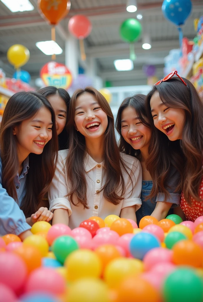 5 Korean Teenage Girls Who Can't See Their Faces In A Store Happy With A Pool Of Colourful Balls