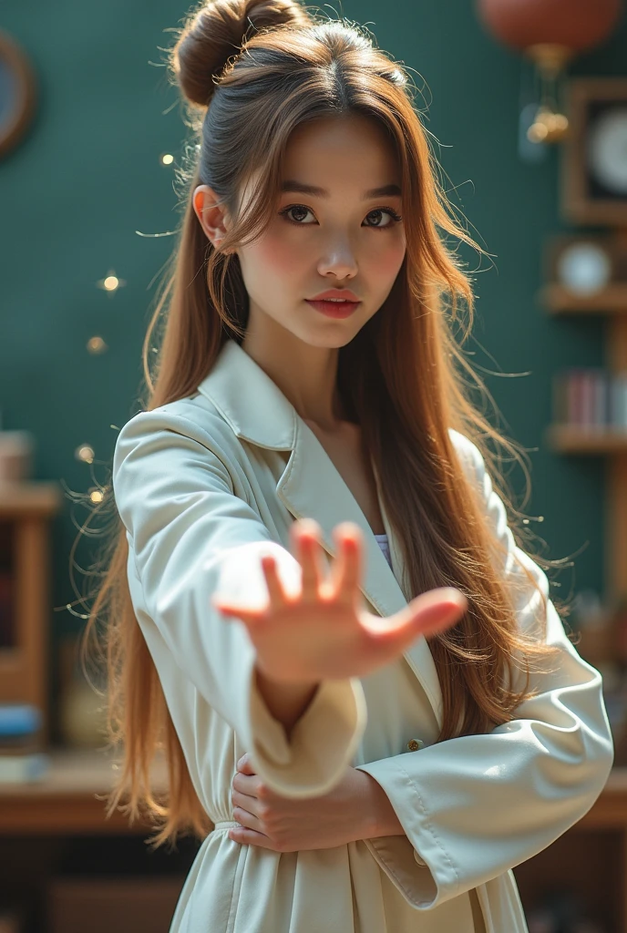 Sesi teacher with straight hair with the hair color being cappuccino short magician with white coat woman with long hair with loose hair at the bottom and tied up at the top making a hairstyle
