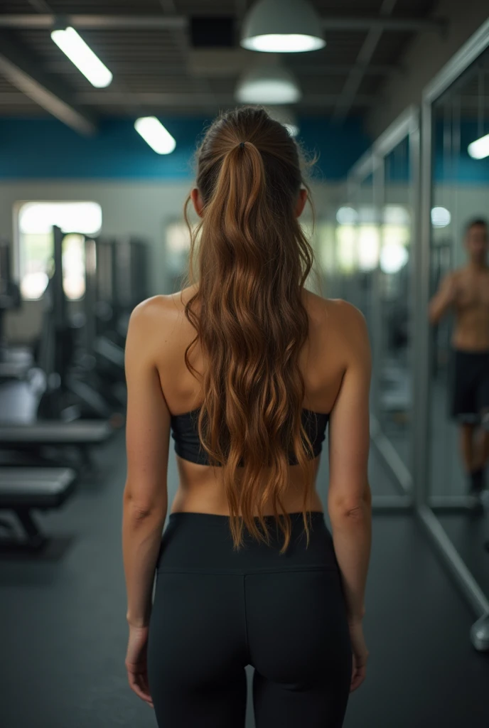 dutch woman, with your back to the mirror, long hair, Gym clothes, in gym, Scenario