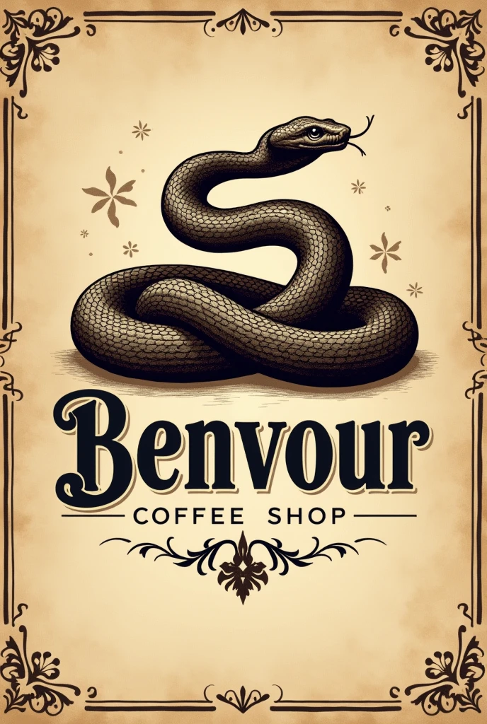 A logo for a coffee shop, the name is benvour and its principle is tradition, your drawing is a snake in a vintage style