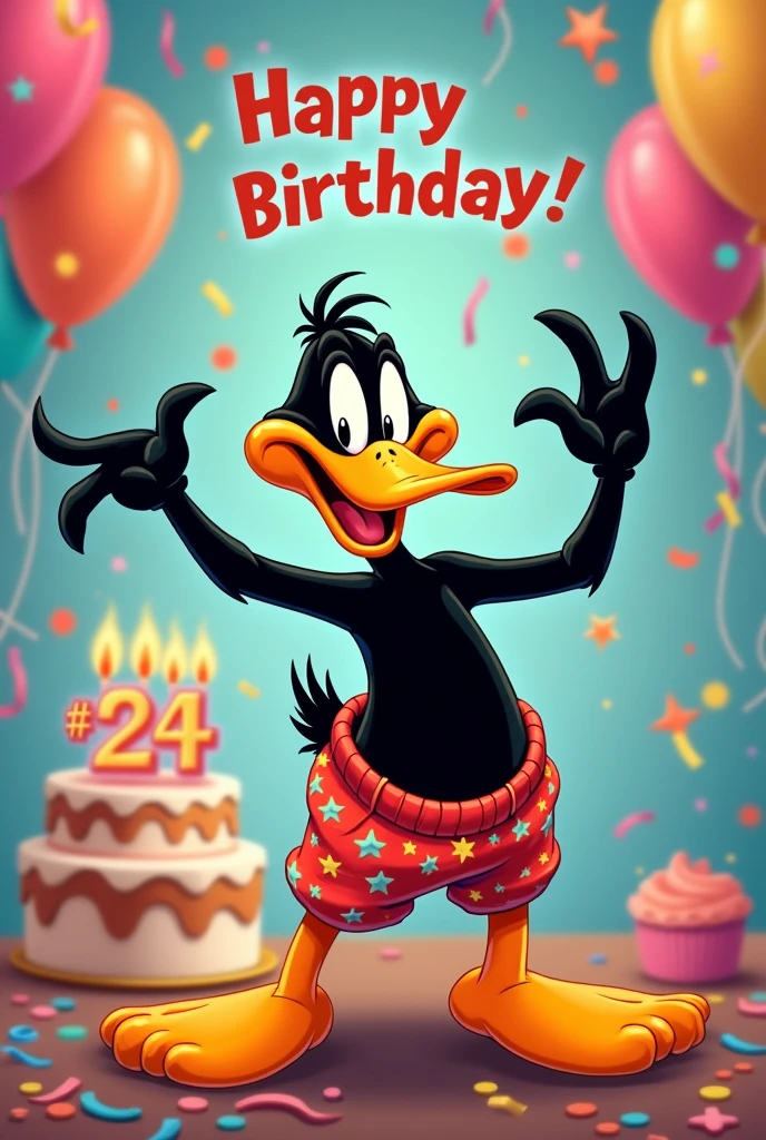 Birthday card that says "Happy Birthday # 24 " that has a Daffy Duck dressed in shopping pants