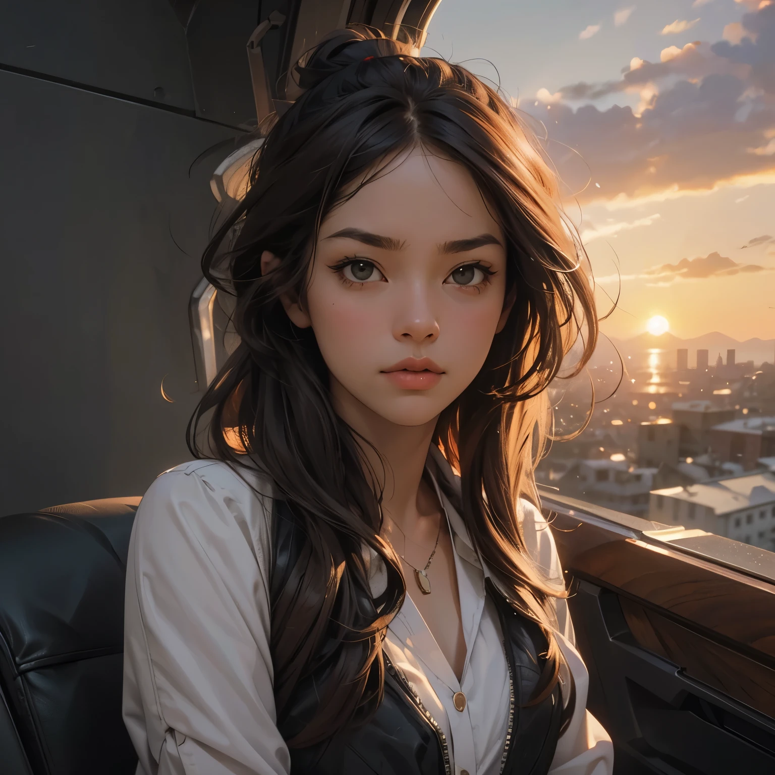 character, fictional, woman, consists of fragments of brown, cool, of the edge dynamic, cinematic, oblique perspective, portrait, sunset
