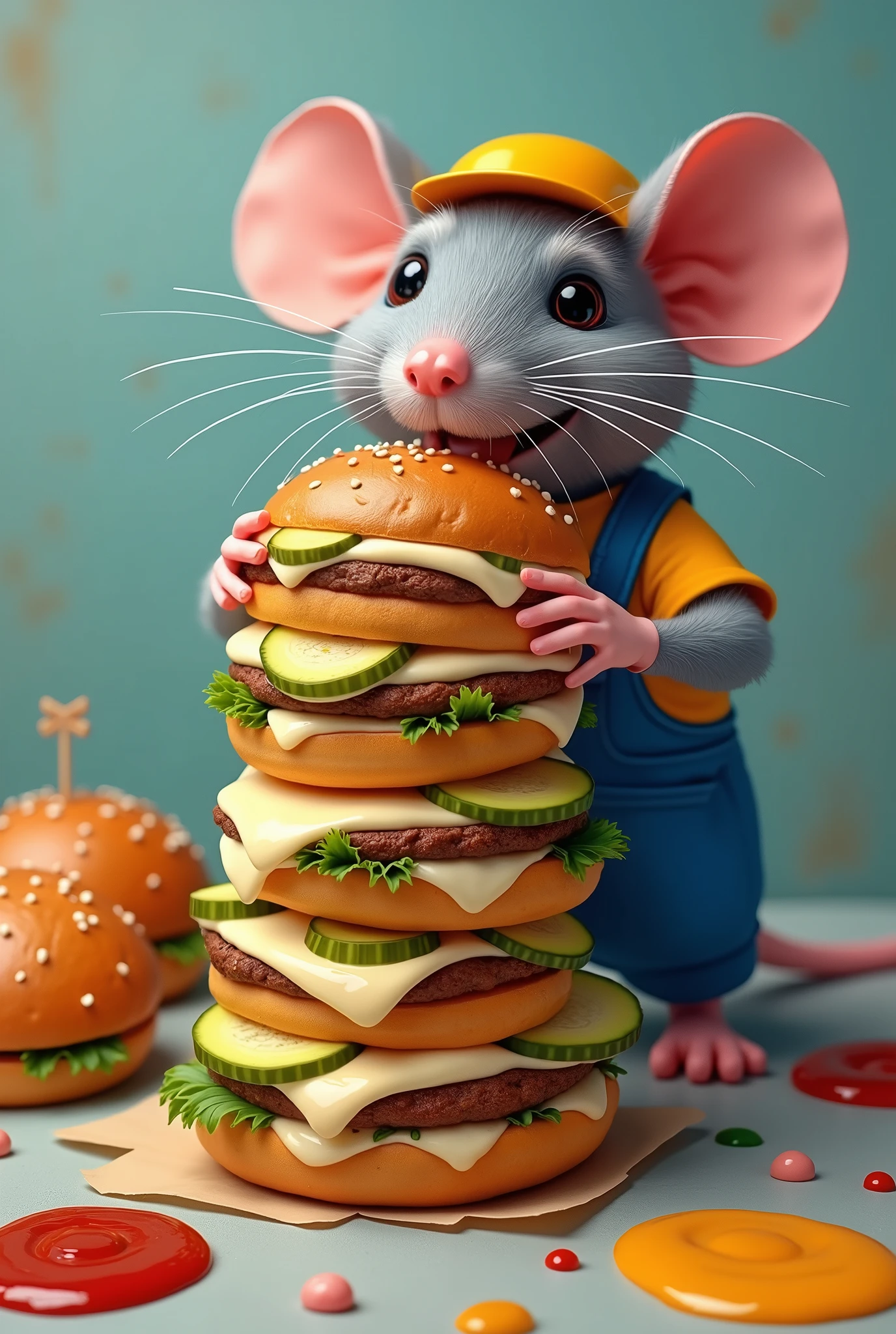 Affiche pop pastel. Digital painting. Un Rat mecano en bleu de travail qui mange une pile D' hamburgers superposés américain gourmand au pain brioché qui déborde et dégouline de beaucoup fromage blanc aux fines herbes. Rondelles de cornichon dans l'hamburger. Quelques petites sauces en décoration posé sur la table. Image culinaire. Chef d'oeuvre. Haute qualité. Art numérique. Résolution 8K. ((ultra détaillé))
