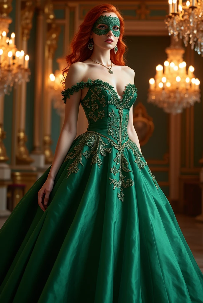 Redhead woman in ball gown and mask, fully body