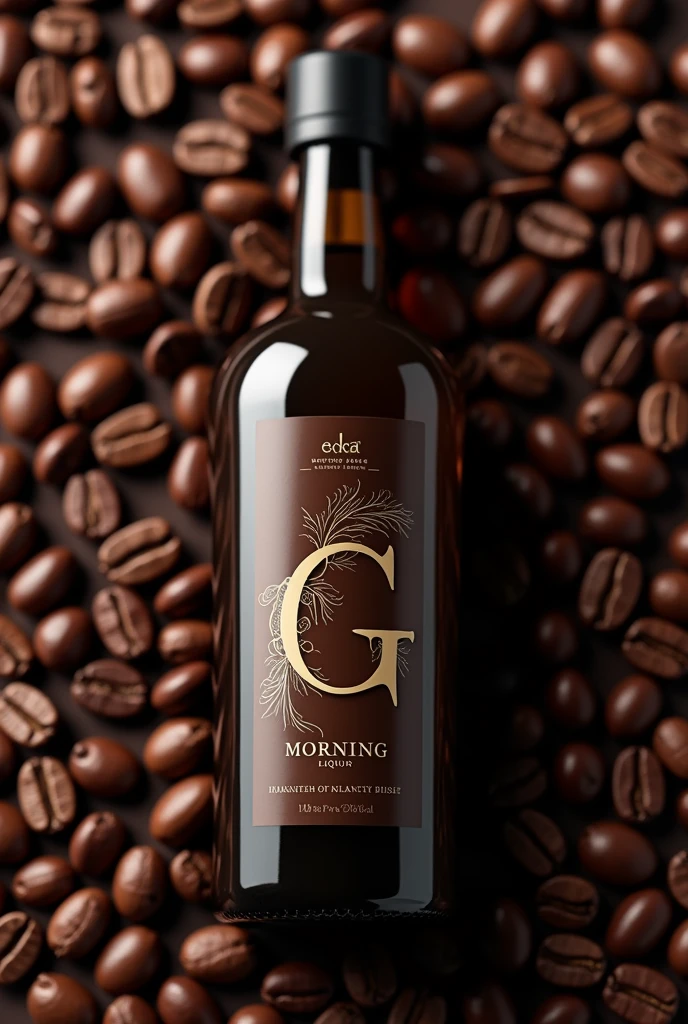 A simple liquor bottle with logo of morning liquor which has copy concentrate inside dark in Kannada dark brown in colour and coffee beans in background create a image with plastic cap and morning will have double g in logo plastic cap black colour and logo on a label not bottle