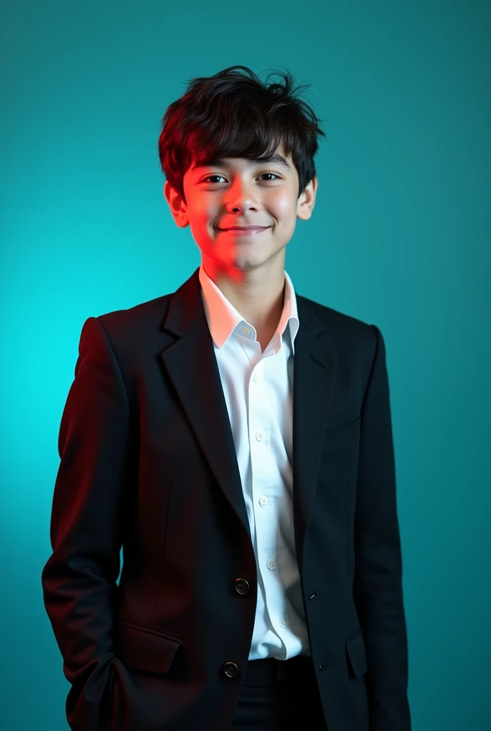 A young adut boy with dark hair and a confident smile. He is dressed in a black blazer over a white shirt. The man is positioned against aqua colour backdrop with a subtle red lighting on the left side. and he posing for Linkedin profile