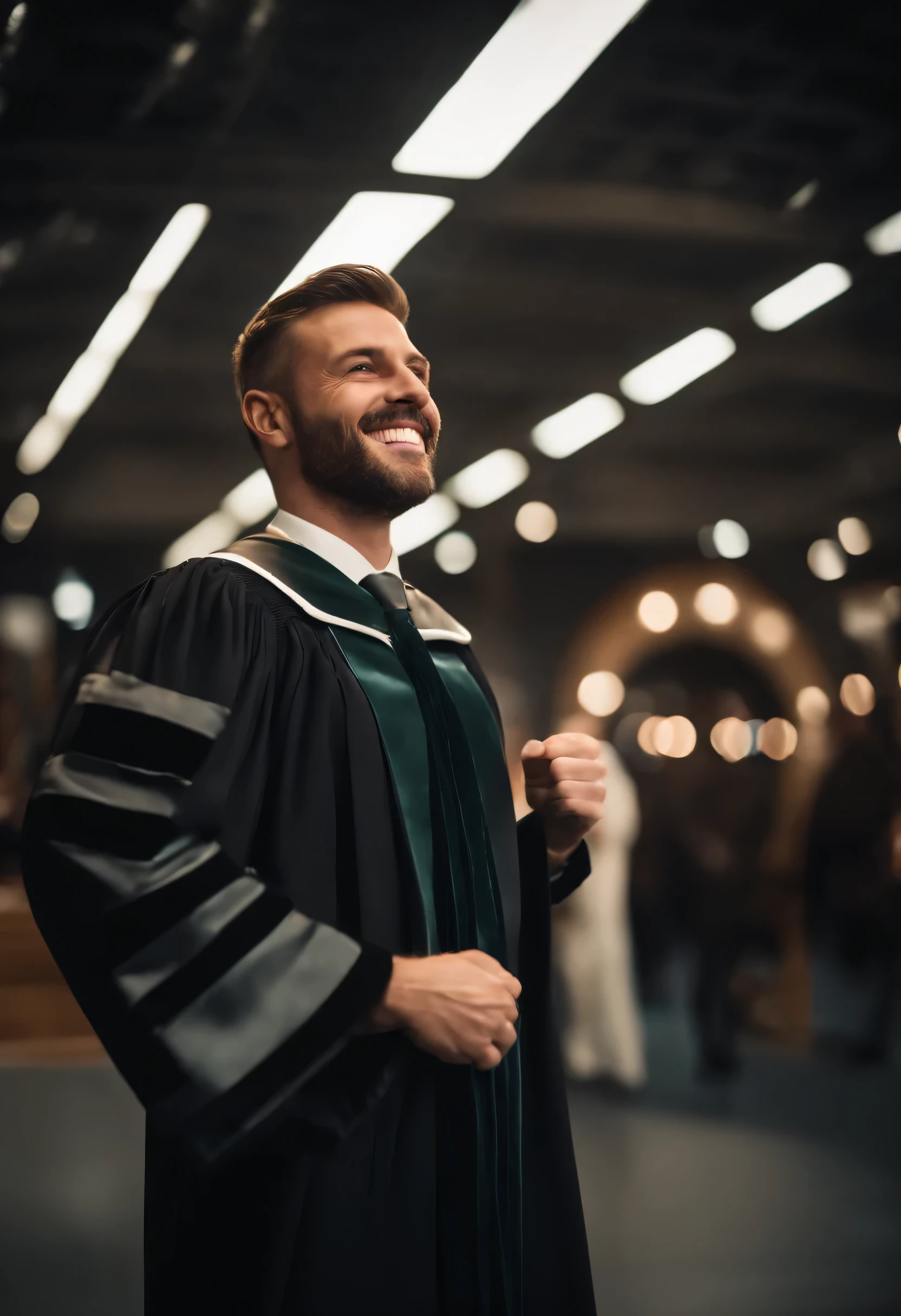 Man putting on his suit with a graduation gown in a sci-fi background feeling excited and joyous over winning and being a winner man