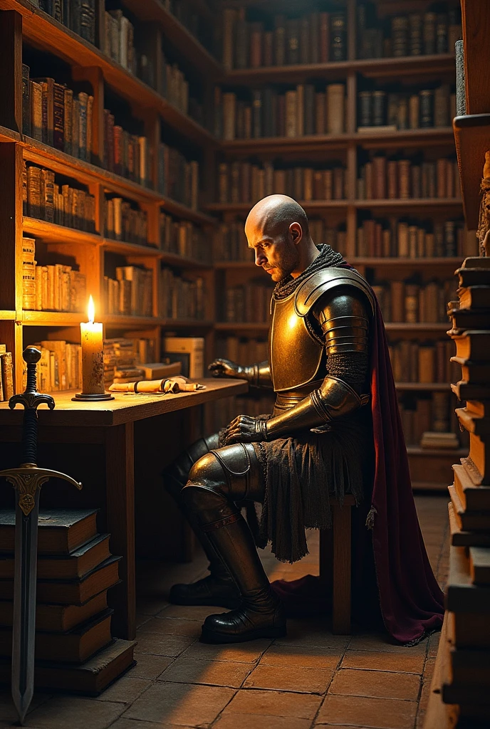 A scene where Don Quixote is knighted in his house, surrounded by books of chivalry.
