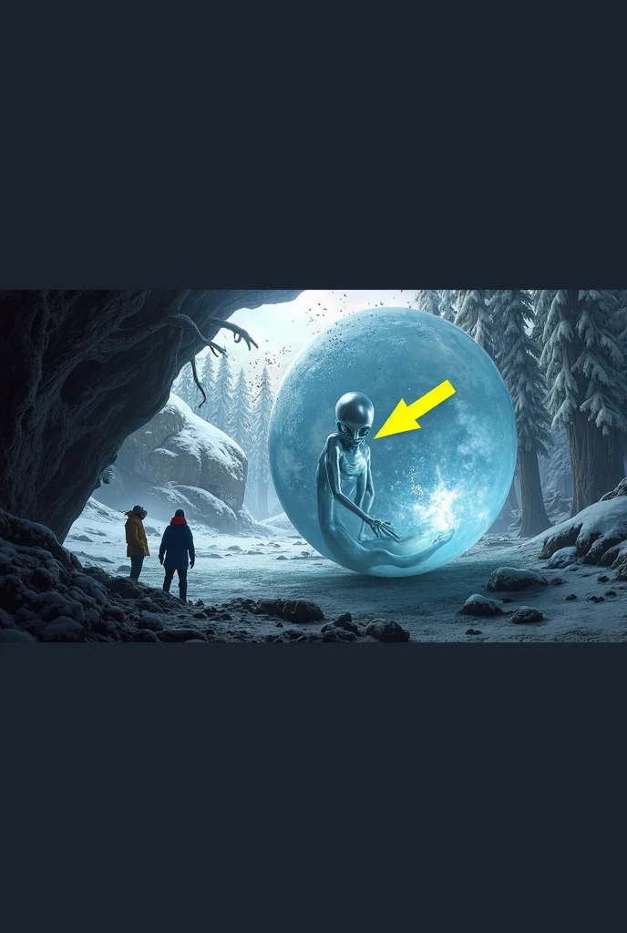 Two explorers in the foreground, dressed in bright, contrasting winter clothing (one red, one blue), gazing in amazement at a gigantic sphere of floating crystalline ice. The sphere occupies 90% of the frame. In the center of the sphere, clearly visible, a humanoid alien with silver skin, large, luminous eyes, and elongated limbs in a fetal position.