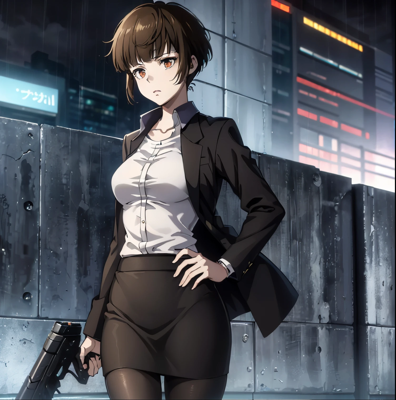 ((1girl)),((alone)),tsunemori akane, (psycho pass),(masterpiece), (best quality), (ultra detailed), (best illustration), (best shadow), (absurdities), focus sharp, cowboy shot, atmospheric perspective, depth of field, dynamic posture looking at viewer, medium breasts, narrow waist, wide hips, wide thighs, round butt, erotic, romantic, (highly detailed eyes, 1.1 lips), highly detailed eyes , eyes, Very detailed face, Very beautiful face, Symmetrical face, Aesthetic face, perfect face, perfect eyes, detailed eyelashes: 1.5), full height, beautiful slim figure, femininity, expressive appearance, elastic medium breasts, sexuality, half-open lips, brown hair, short hair, brown eyes, white skin, pencil skirt, skirt tight, white shirt, dress shirt, tight shirt, black jacket, open jacket, tight jacket, black pantyhose, black skirt, serious, walking, gun, holding gun, curves, defined body, Perfect and beautiful body, perfect and beautiful, closed mouth, serious expression, neutral grimace, (sexy pose: 1.2), ((solo)), standing: 1.3,((exterior, cybeppunk landscape, neon lights, cityscape, futuristic streets, futuristic city, light reflection, clouds ,rainy,night,city lights)),looking back,from behind,((focus on butt)), point of view:(from middle), perfect anatomy, perfect hands