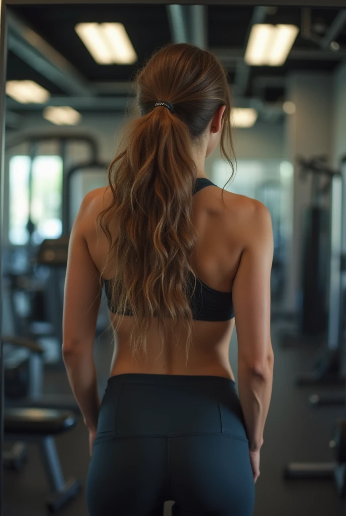dutch woman, In front of the mirror, long hair, Gym clothes, in gym, Scenario