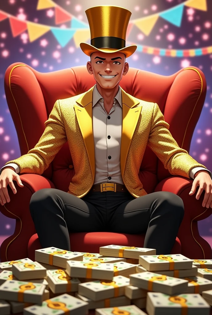 A bald anime man with a mischievous smile wearing a gold top hat ,gold suit and black pants Sitting on a chair with a table full of black eyed money