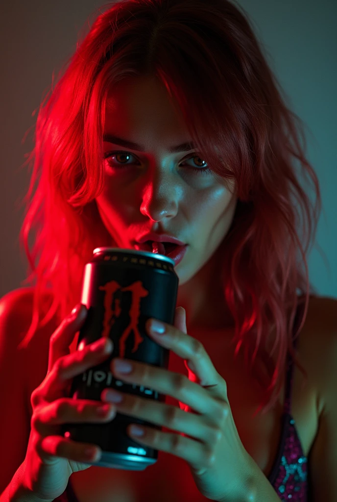 NSFW,Horny troubled young e-girl with red hair streak drinking a can of monster energy drink And Masturbating fingering her pussy at midnight
