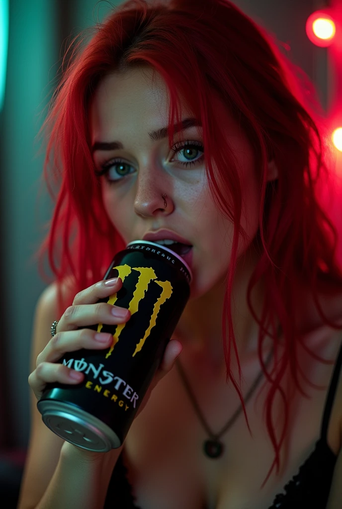 NSFW,Horny troubled young e-girl with red hair streak drinking a can of monster energy drink And Masturbating fingering her pussy at midnight