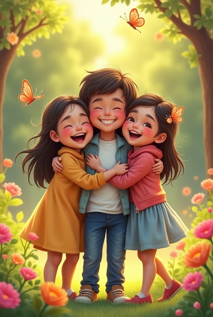 Create a frame on which a boy hugs a girl name salik and girl name tawqa in ftame