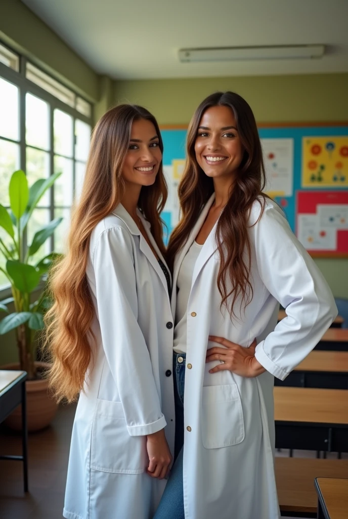 Sesi teacher with straight hair with the hair color being cappuccino, short maga with white coat, woman with long hair with loose hair at the bottom and tied up at the top, making a hairstyle that lives in Brazil