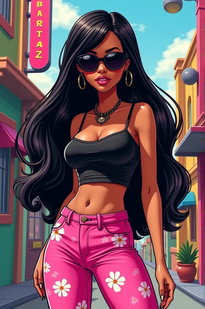 Could you make me a picture like Bratz dolls?, It is of a woman with little robust hips, long straight black hair, hair loose behind the ears, medium and warm skin color, with black optical lenses, Pink pants with white flowers and a black top with thin black straps. Posing very bratz style