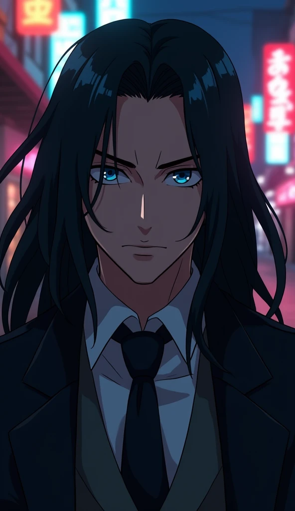 A mafia man, Long hair, blue eyes,Asian men, detailed face, anime style, focus on face, HD, 8k , high quality, Ulta high quality