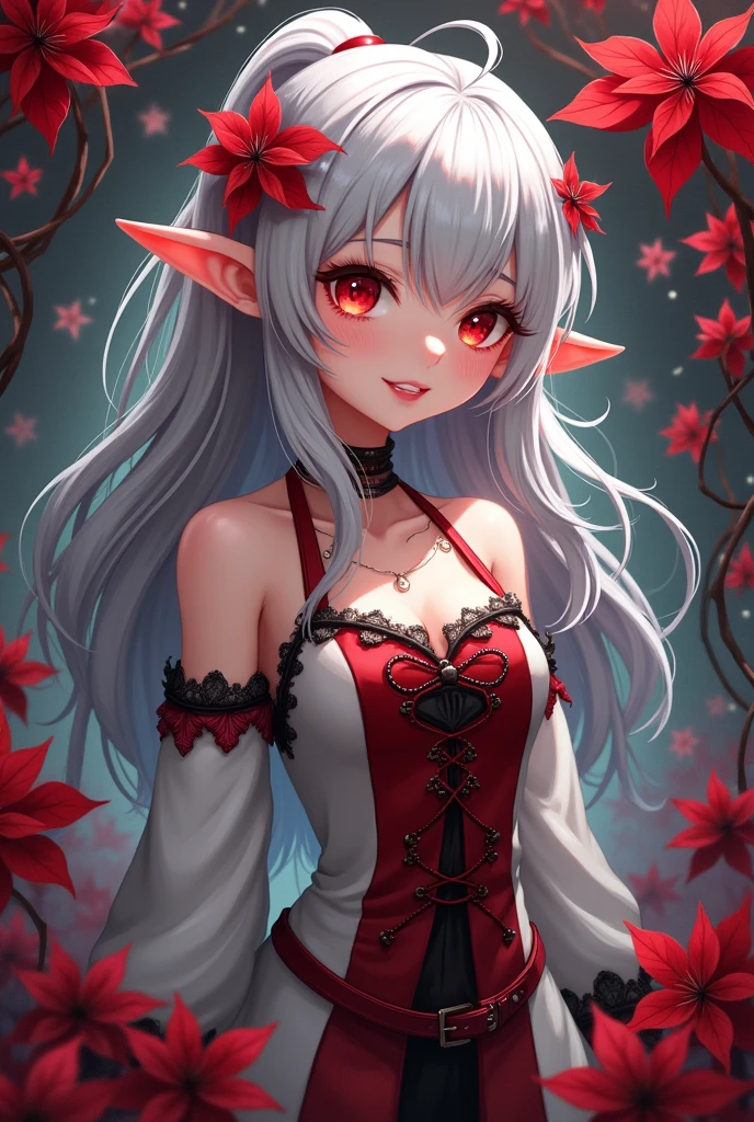 full body portrait of playful anime elf girl with pointy ears with white hair and dark grey and red strands in her hair striking a playful pose with an seductive grin on her face, she is wearing a bloodred and white leather dress, bloodred and black blossoms as accessories in her hair, playful grin on her face, shiny dark red eyes, dark grey tendrils with dark red clemantis flower blossoms in the background, playful look, detailed ayes, best anime characterdesin, high resolution, 8K fantasy artwork