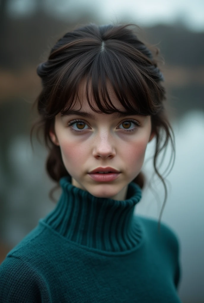 Very pretty realistic detailed photograph of a pretty 17 year old girl, brown hair with bangs and a twisted low bun hairstyle, brown eyes, Roman nose, dressed in deep turquoise green swearer, background of black lake
