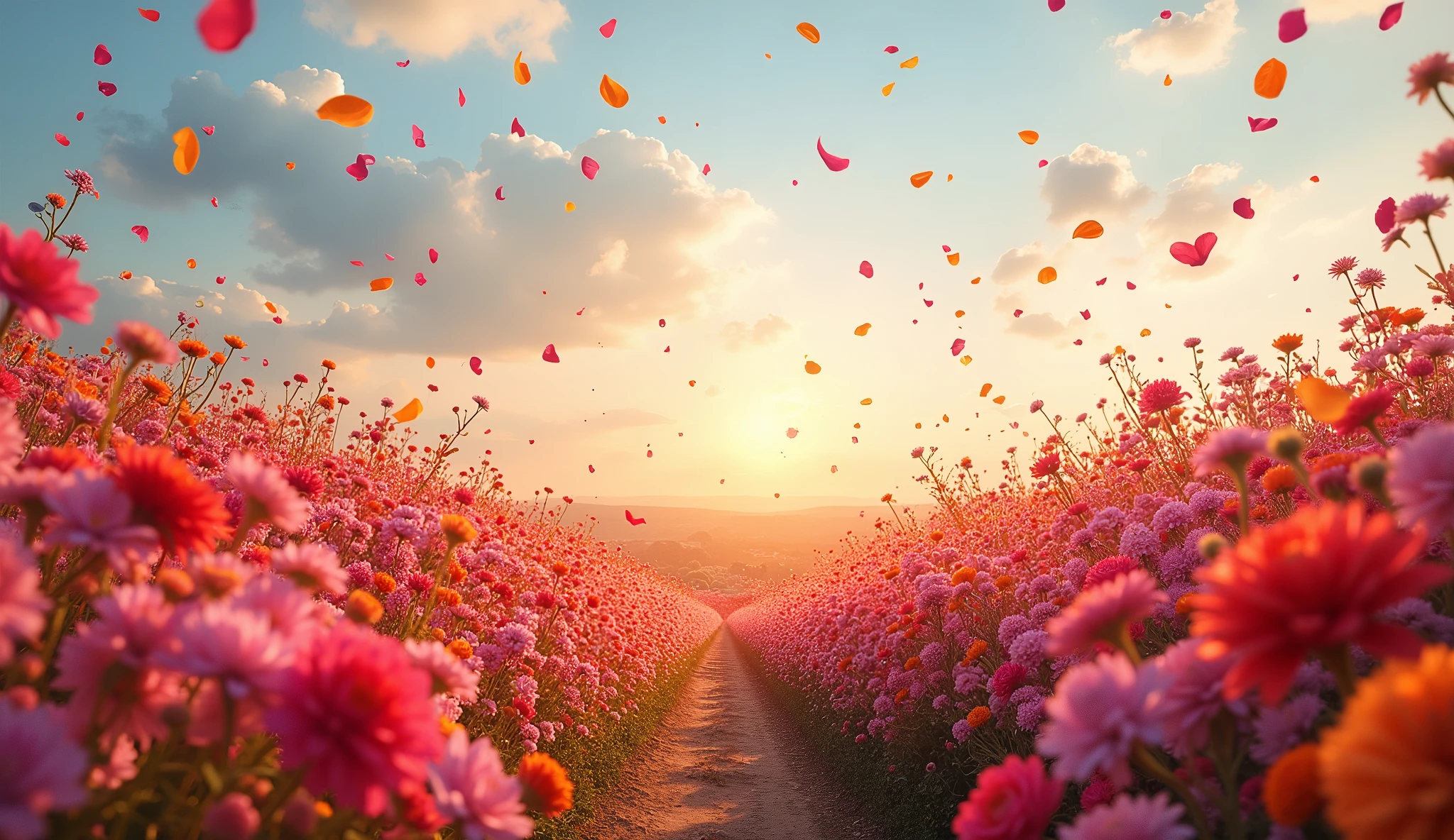 sea of flowers, sea of love, petals are flying, overflowing with flowers, flowers soaring in the air
