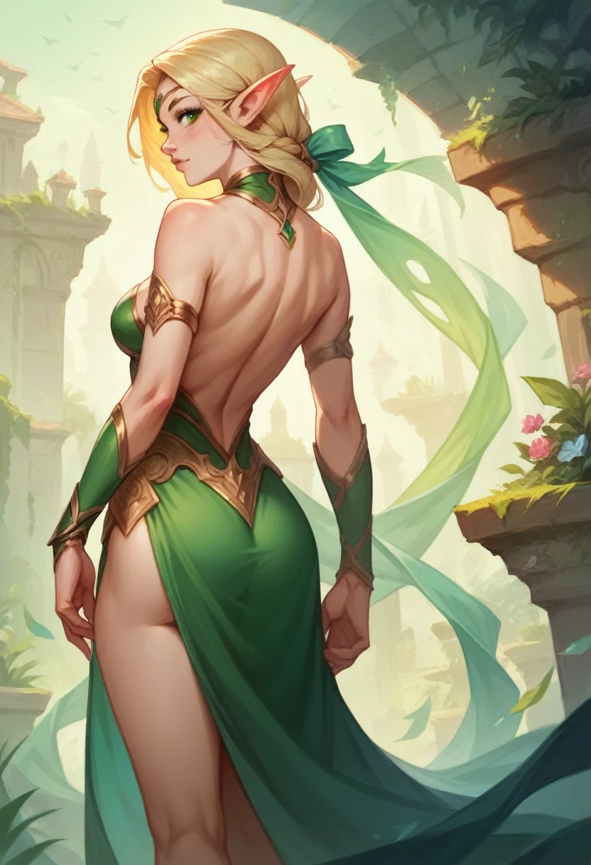 Blonde hair elf girl, green eyes, beautiful, fantasy cute outfit, fit, rear view looking back, realistic fantasy ,concept art, Sexy