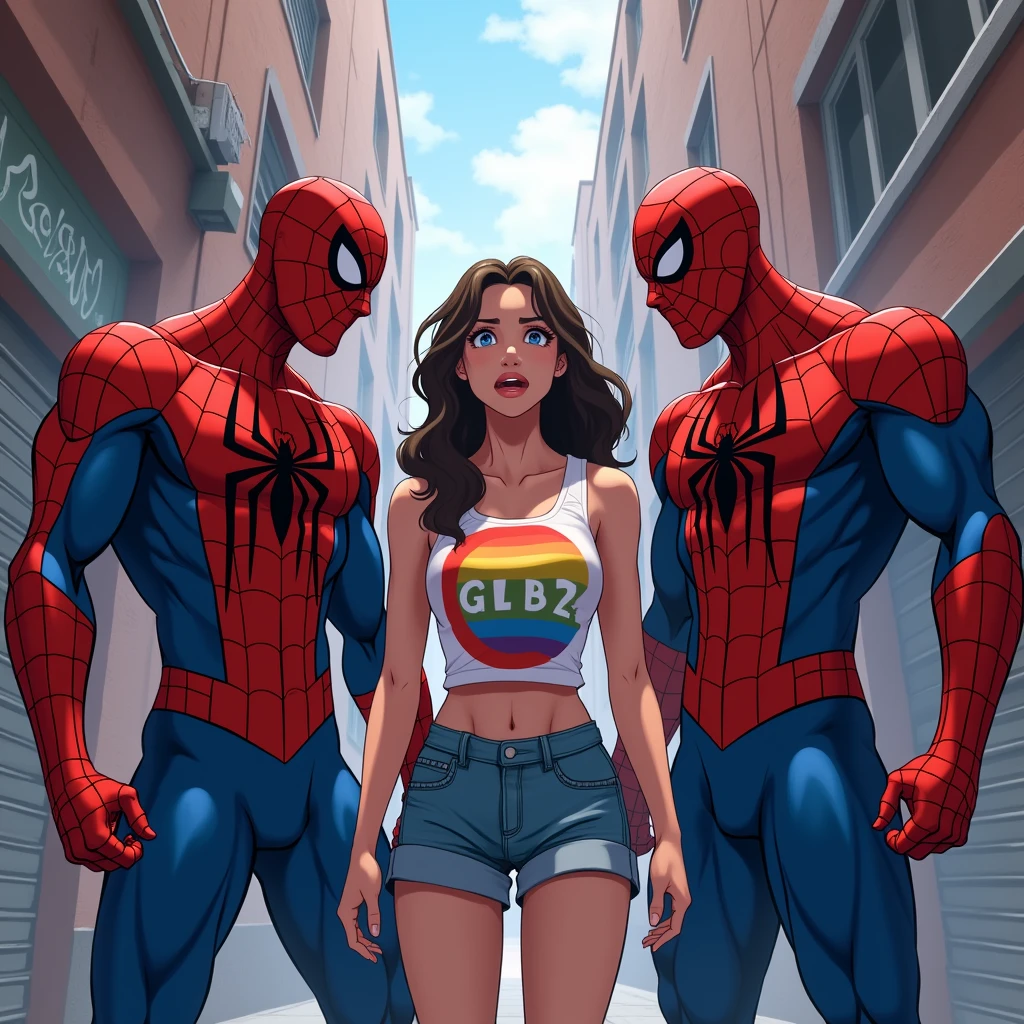 anime art: marvel art style, three masculine bullies 20-year-old males with a big bulge, wearing spider superhero outfit , They're dry humping a scared woman wearing lgbt shirt