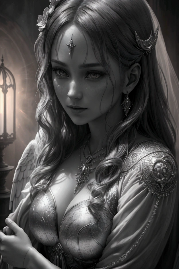 a beautiful angelic woman and a demonic woman, embracing, looking directly at the viewer, (best quality,4k,8k,highres,masterpiece:1.2),ultra-detailed,(realistic,photorealistic,photo-realistic:1.37),HDR,UHD,studio lighting,ultra-fine painting,sharp focus,physically-based rendering,extreme detail description,professional,vivid colors,bokeh,fantasy,dramatic lighting,ethereal,mystical,seraphic,elegant,gorgeous,intricate details,chiaroscuro,cinematic composition