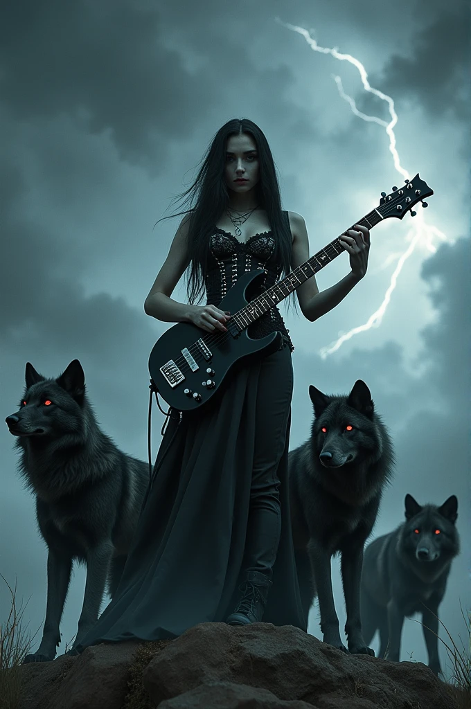 A gothic girl playing electric guitar on a stormy day surrounded by wolves