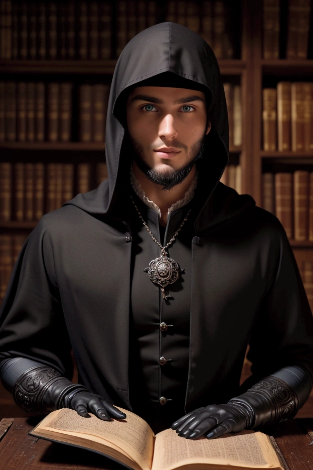 a young handsome european man black hair short beard blue eyes wearing a black noble cloth with hood cover his head with black gloves with a white rose brooch holding an ornate book in his hand at the medieval library at night