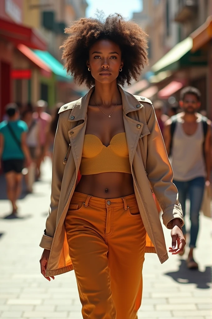 A naked woman walking forward on the street