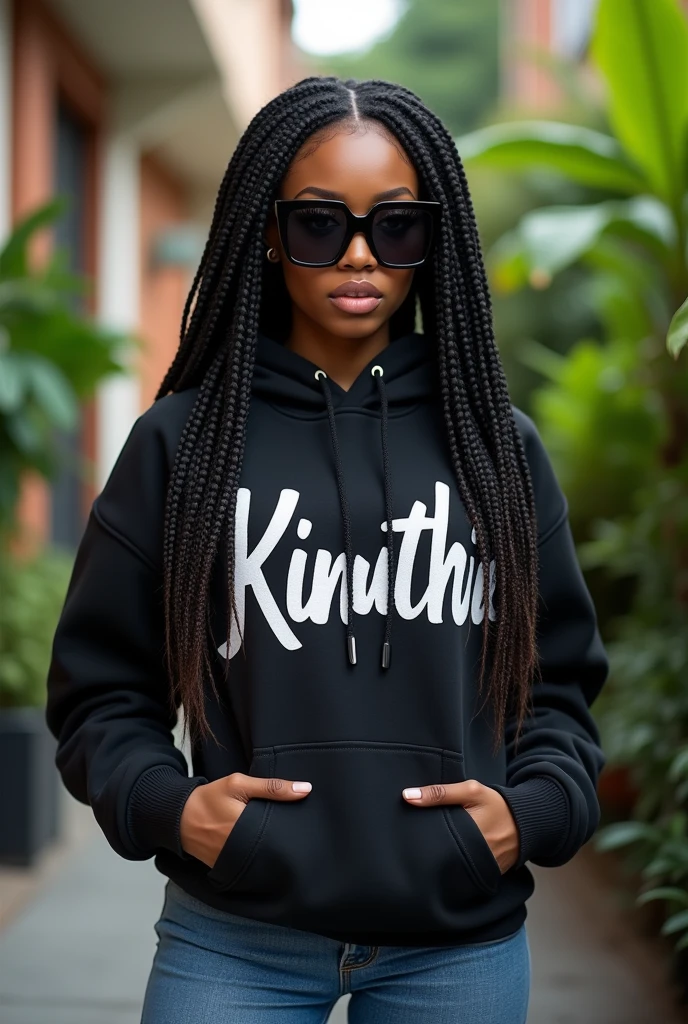 (photorealism:1.2), beautiful black African woman,23 years,sharp boobs,,wearing jeans and a fitting hoodie written "Kinuthia", long braids,oversized black photo chromatic glasses, standing , plants in background, Nickie Minaj inspiration