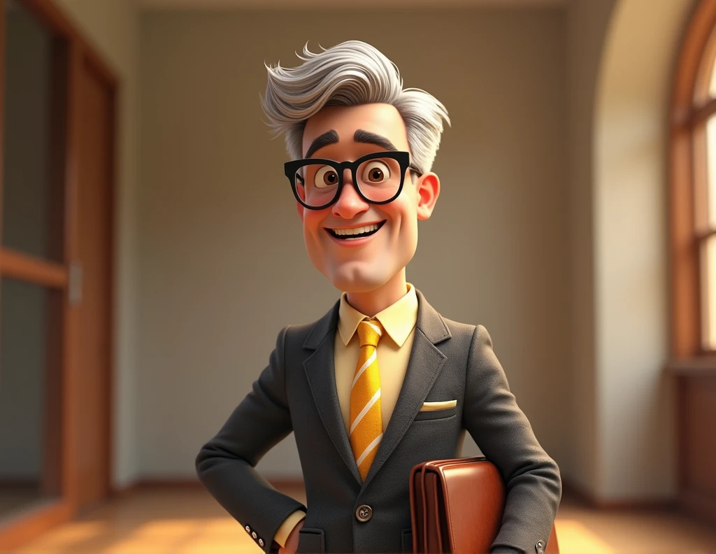 Cartoon character of a middle aged man with black and white hair wearing black glasses and a gray suit with a light yellow shirt and a yellow and white striped tie, smiles holding a leather briefcase, animation character, stylized character, animation style rendering, 3d stylized, Arnold Maya rendering, Stylized 3D rendering, toon render screenshot, 3d character, 3d character, Stylized 3D rendering, 3D character rendering, cartoon character, Personagem de close up, character posing, (Pixar-style) (master part:1.2) (bokeh) (best qualityer) (skin detailed) (detailed texture) (8k) (Argilla) (cinematic lighting) (sharp focus)