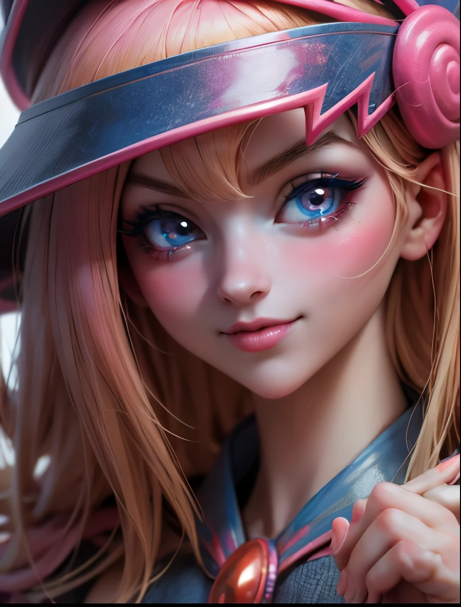 Create the beautiful face of dark magician gils. blue eyes. Extra long eyelashes. Thick Eyelashes. big eyelashes. pink lips. Tez blanca. blond hair. Tender girl smile.  dark wizard gils 