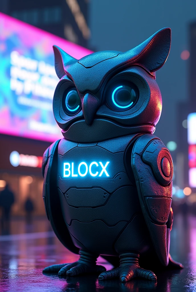 I need you to Design a unique cryptocurrency related mascot for the project (BLOCX), with BLOCX written on the mascot's chest. Here are some keywords "character/creature, realistic, futuristic, technical elements, AI"
Write " Safety Layer of DePIN. Designed to meet your diverse needs while prioritizing security and efficiency. #DePIN #VPN #GPU #AI #Cloud" on a billboard in the background. Of the mascot