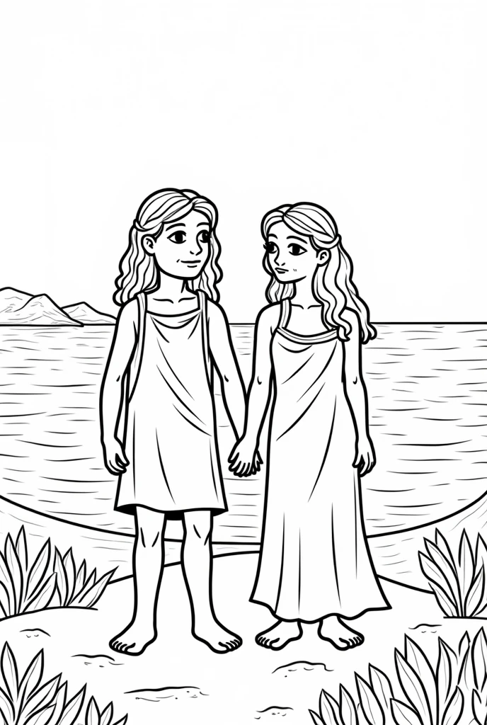 Poderia criar a outras imagem para criança colorir com essa descrição.{"size":"1410x2250","prompt":"A serene scene depicting Adão e Eva s. Adão e Eva dressed in a simple leaf, caring expression. The sea in the background is calm, and the sky is clear, creating an atmosphere of peace and tranquility."}