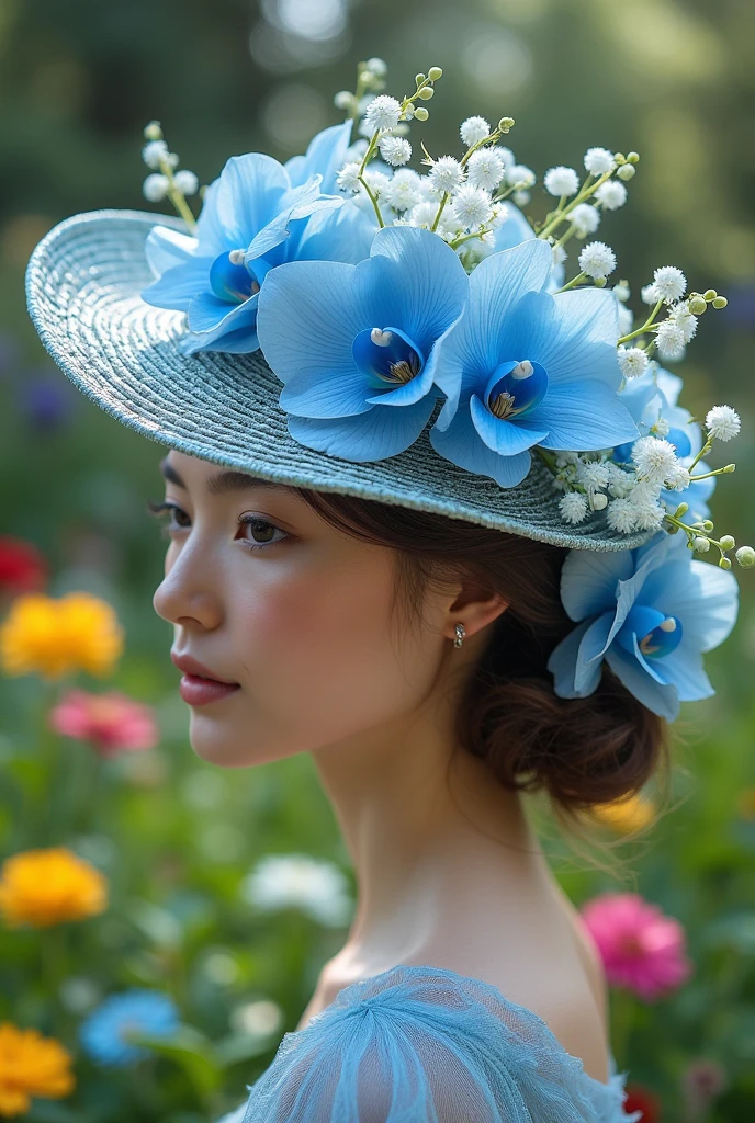 Blue orchid flower shaped weaving hat designs with taking flower shapes ,textures to the hat design. And flower hanging shape around the hat like hanging plants