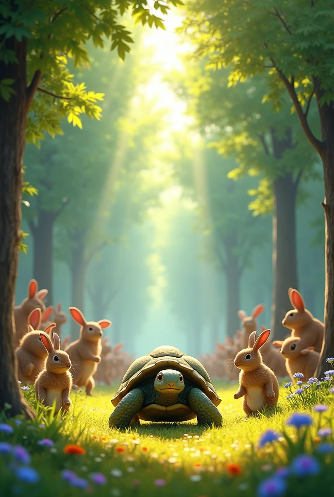 The other animals gathered around, eager to see what would happen. They decided to have a race between Harry and Timmy. The course was from one side of the forest to the other.
