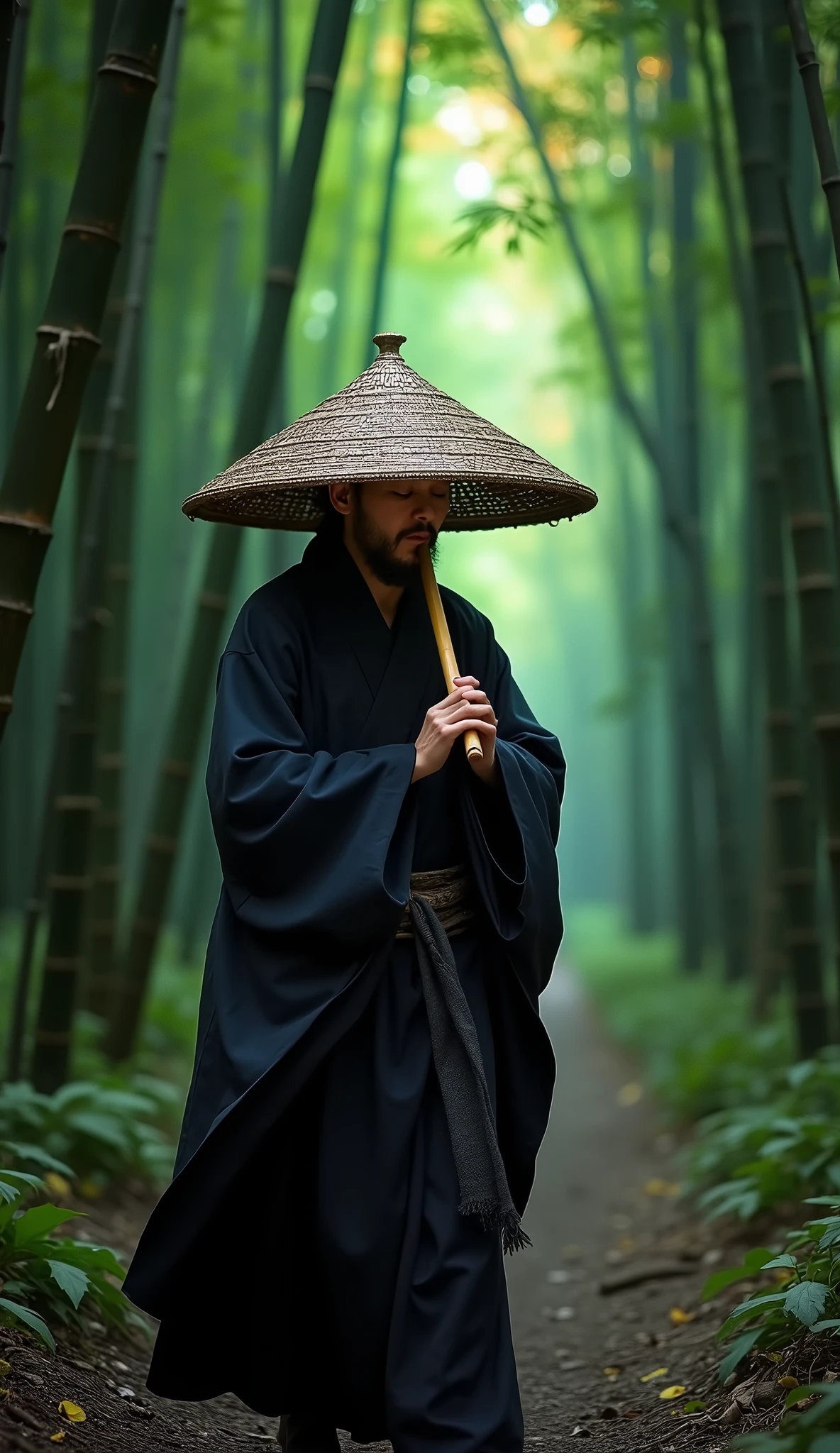 a monk wearing a deep cylindrical braided hat that covers his entire face, walking while playing a bamboo shakuhachi flute, the surrounding bamboo forest changes to rainbow colors in tune with the melodic music, mystical bamboo forest, (best quality,4k,8k,highres,masterpiece:1.2),ultra-detailed,(realistic,photorealistic,photo-realistic:1.37),beautiful detailed eyes,beautiful detailed lips,extremely detailed eyes and face,long eyelashes,intricate braided hat,detailed bamboo flute,colorful bamboo forest,moody lighting,serene atmosphere,ethereal,spiritual,peaceful,cinematic