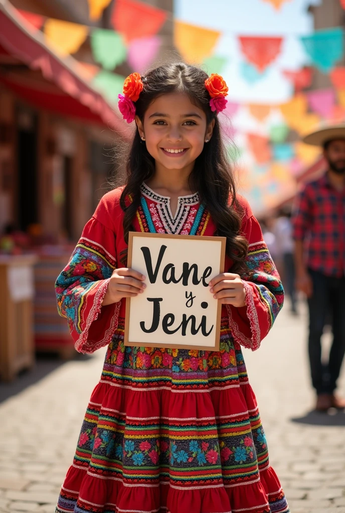 A girl wearing a folkloric costume, representative of Mexico.
The girl is holding a sign in her hands and inside the sign is the word "Vane y Jeni"