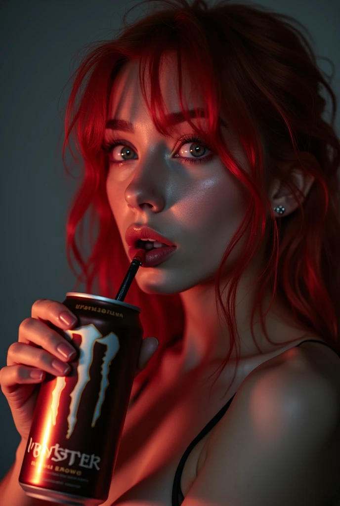 NSFW,Horny troubled young e-girl with red hair streak Masturbating fingering her pussy and drinking a can of monster drink at midnight