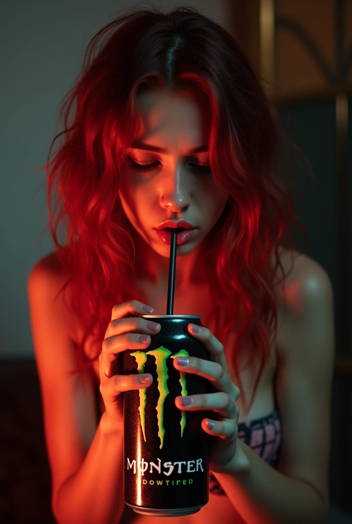 NSFW,Horny troubled young e-girl with red hair streak Masturbating fingering her pussy and drinking a can of monster drink at midnight