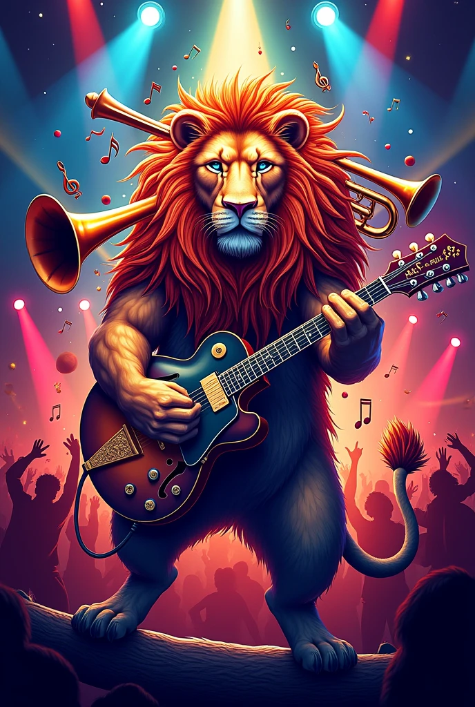 Create a sale poster with a lion and a band of instruments that says Rafael Aqueche logo