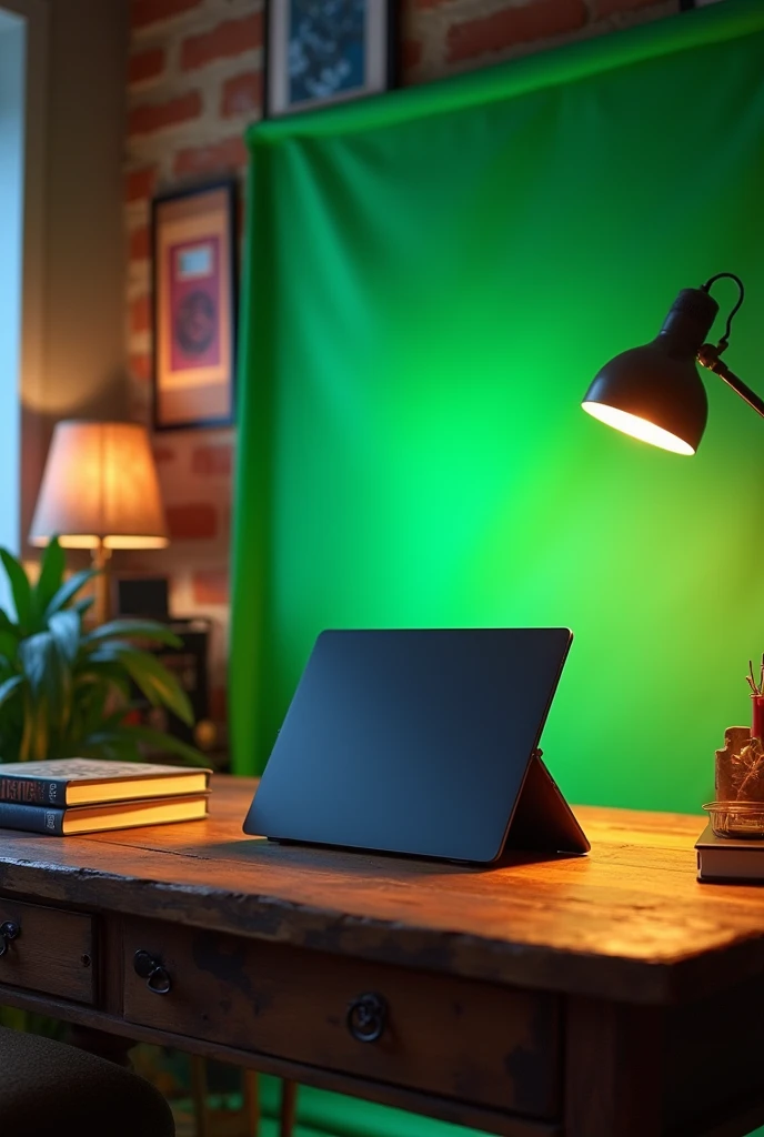 YouTube studio setup in a room. Show the
straight  back side of laptop in to the screen A laptop on the table and the books one by one. The electric lamp on the table The back side of studio covered with greenscreen. Give th the landscape image.
