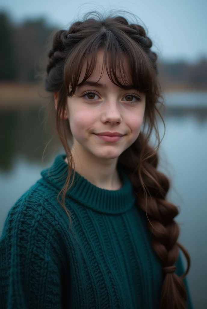 Very pretty realistic detailed photograph of a pretty 17 year old girl, brown hair with bangs and a twisted low bun hairstyle, brown eyes, Roman nose, dressed in deep turquoise green swearer, background of black lake
