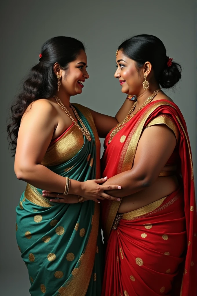 Two fat indian women in saree showing muscles to each other catfight face expression should be angry