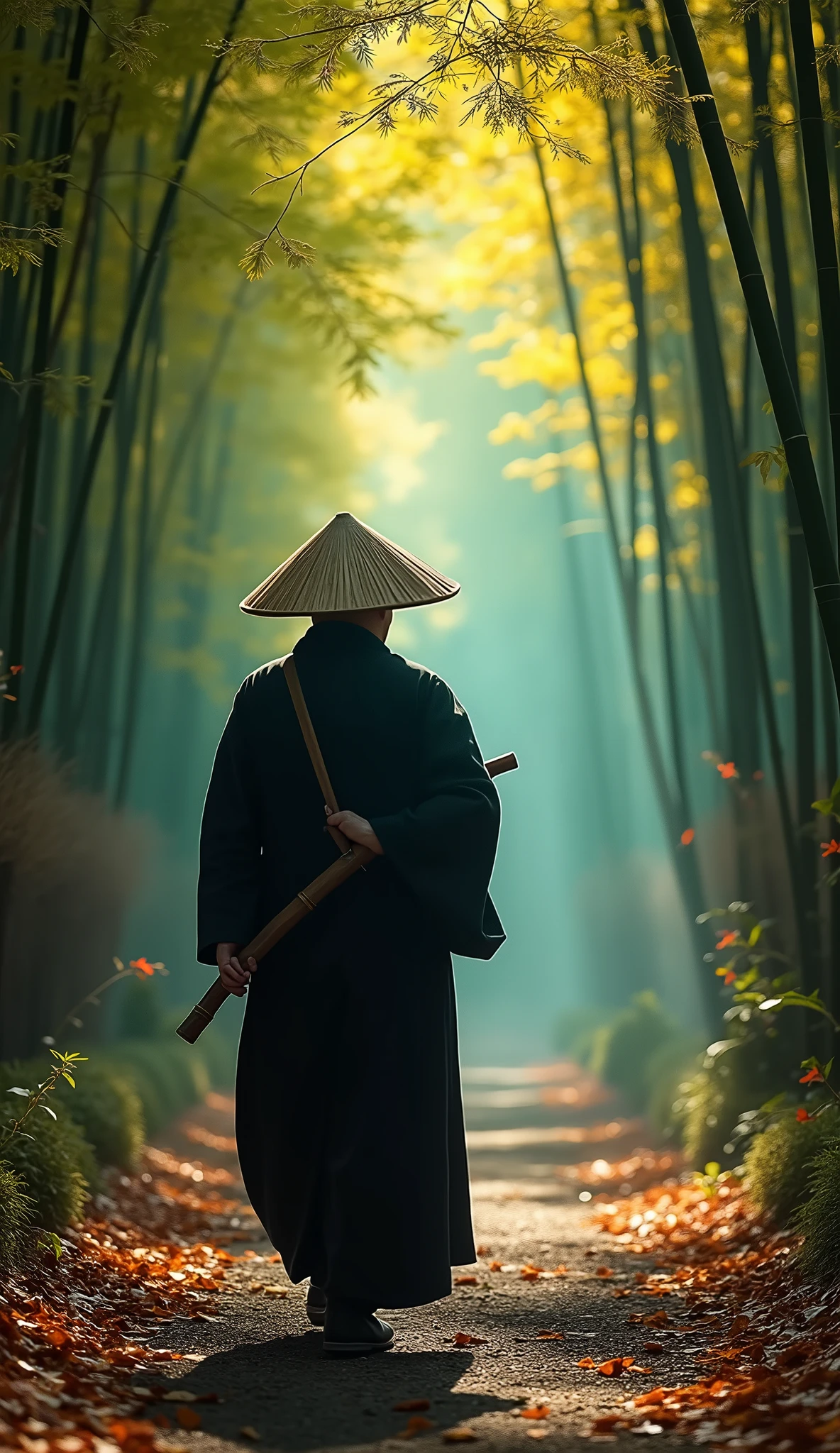 a monk wearing a deep cylindrical woven hat covering his face, walking while playing a bamboo shakuhachi, the surrounding bamboo forest changing to rainbow colors in rhythm with the melodic music, mystical bamboo forest, (best quality,4k,8k,highres,masterpiece:1.2),ultra-detailed,(realistic,photorealistic,photo-realistic:1.37),detailed monk's face,detailed bamboo shakuhachi texture,extremely detailed bamboo forest, cinematic lighting, vibrant colors, atmospheric, serene, spiritual, zen-like