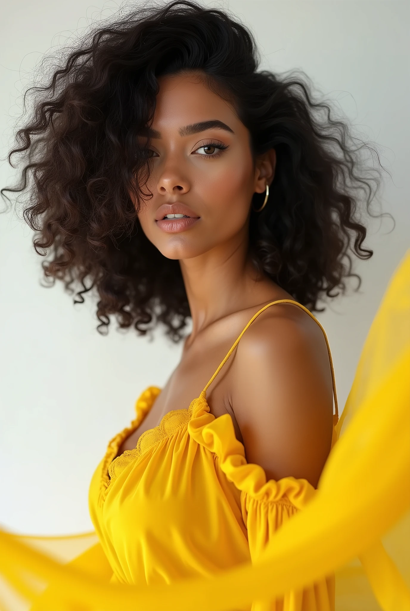 (8k, CRU photo, highest quality) (((full body shot:1.3))), (((black eyes:1.5))), Brazilian woman with voluminous and perfect hair, styled as if for a shampoo commercial. She is wearing a vibrant yellow dress, and her hair is black with a white skin tone. Her entire body must be fully visible within the frame, ensuring no parts are cut off. The background must be completely white, like a studio backdrop or transparent, with no details or distractions in the background, just a plain white surface. (((dynamic pose:1.3))), ((movement pose:1.2))), soft lighting, cinematic lighting, realistic skin, ((pores)), ((high detail skin)), light volumetric, hyper-realistic, vivid details, clear as crystal, 8K UHD, ultra photo realism, best quality, work of art, extremely detailed CG, unity, wallpapers (realistic, photorealistic: 1.37), shining, fine-details, correct body structure, (((Depth of field:1.5))), (((atmospheric perspective:1.4)))