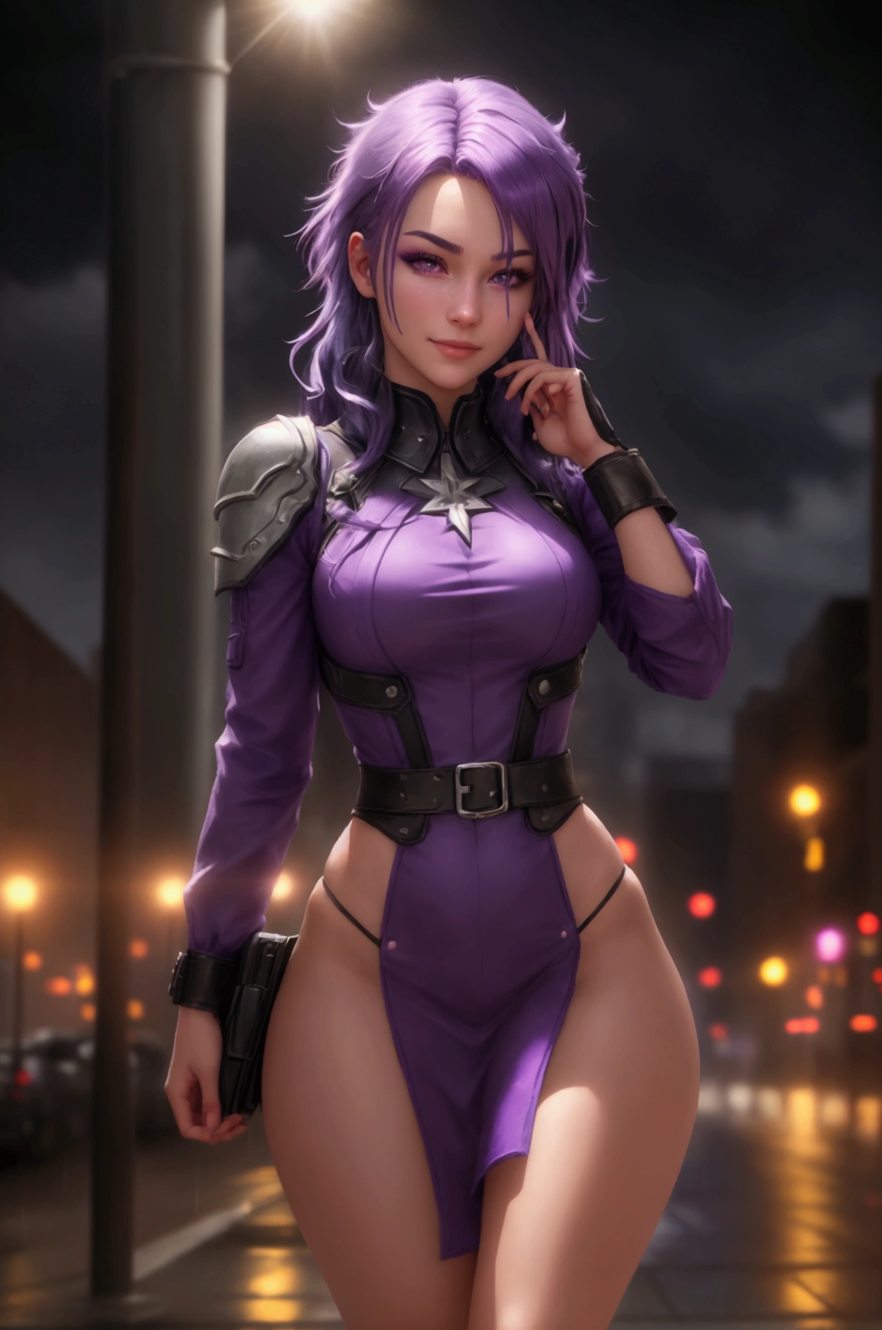 (at night), alone, in a video game scene a background of a beautiful city during the day raining, standing at attention, purple hair, lightning behind her, lightning coming out of her hand ((purple hair)), 1 girl, alone, 20 years old, young woman, perfect hands, beautiful and perfect fingers, long beautiful legs, perfect legs, beautiful body, beautiful nose, beautiful character design, perfect face, look at the viewer with a serious gesture and in a standing position attack (focusing on his face), closed mouth, Light_Smile, official art, extremely detailed CG unity 8k wallpaper, perfect lighting, bright and colorful front lighting, glowing skin (masterpiece: 1.0), (best_quality: 1.0), resolution ultra high, 4K, ultra detailed photography, 8K, HDR, high resolution, nonsense: 1.2, Kodak portra 400, film grain, blurred background, bokeh: 1.2, lens flare, (vibrant_color:1.2), professional photography, (beautiful_face : 1.5), (narrow waist),