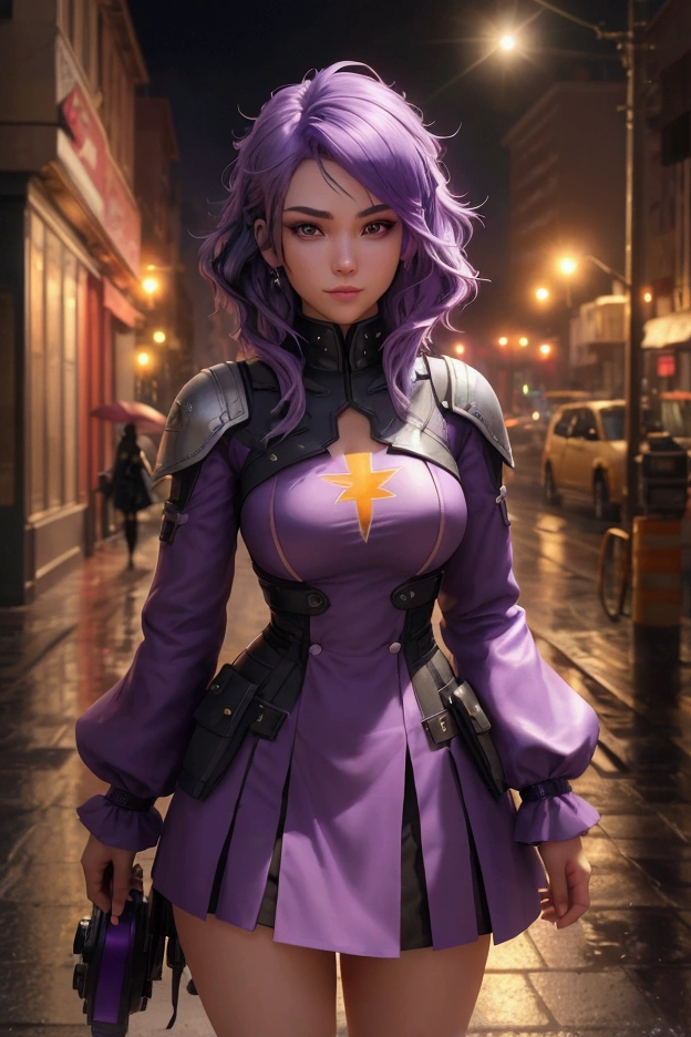 (at night), alone, in a video game scene a background of a beautiful city during the day raining, standing at attention, purple hair, lightning behind her, lightning coming out of her hand ((purple hair)), 1 girl, alone, 20 years old, young woman, perfect hands, beautiful and perfect fingers, long beautiful legs, perfect legs, beautiful body, beautiful nose, beautiful character design, perfect face, look at the viewer with a serious gesture and in a standing position attack (focusing on his face), closed mouth, Light_Smile, official art, extremely detailed CG unity 8k wallpaper, perfect lighting, bright and colorful front lighting, glowing skin (masterpiece: 1.0), (best_quality: 1.0), resolution ultra high, 4K, ultra detailed photography, 8K, HDR, high resolution, nonsense: 1.2, Kodak portra 400, film grain, blurred background, bokeh: 1.2, lens flare, (vibrant_color:1.2), professional photography, (beautiful_face : 1.5), (narrow waist),
